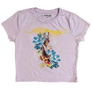 Ed Hardy lavender lilac Koi Fish graphic print Crop tshirt‎ size large new